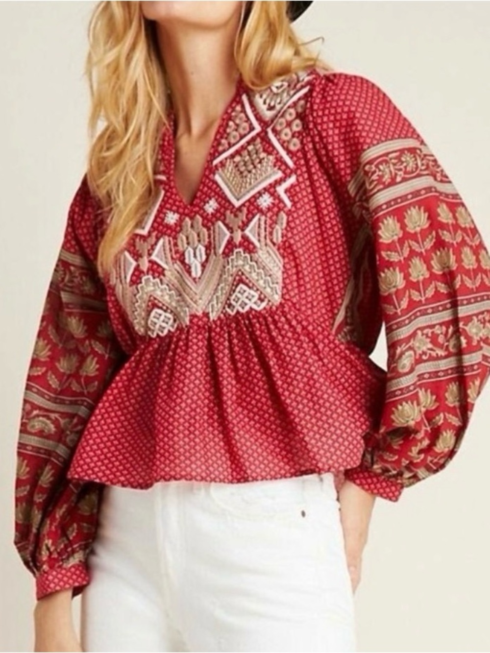 Anthropologie Keira Embroidered Peplum Blouse Top Shirt Red Boho 8 NEW